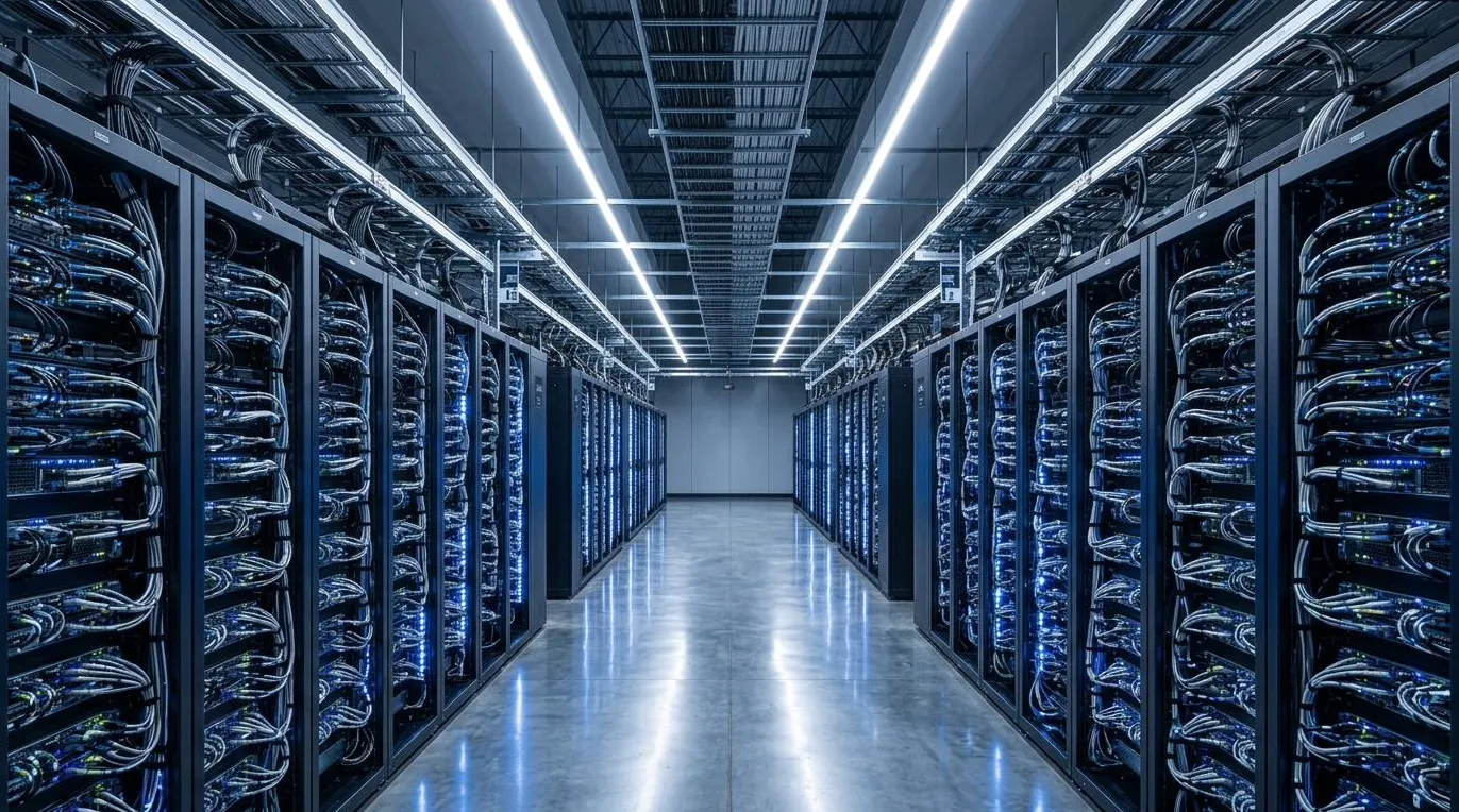 Data hall with rows of server racks in an Ezditek facility